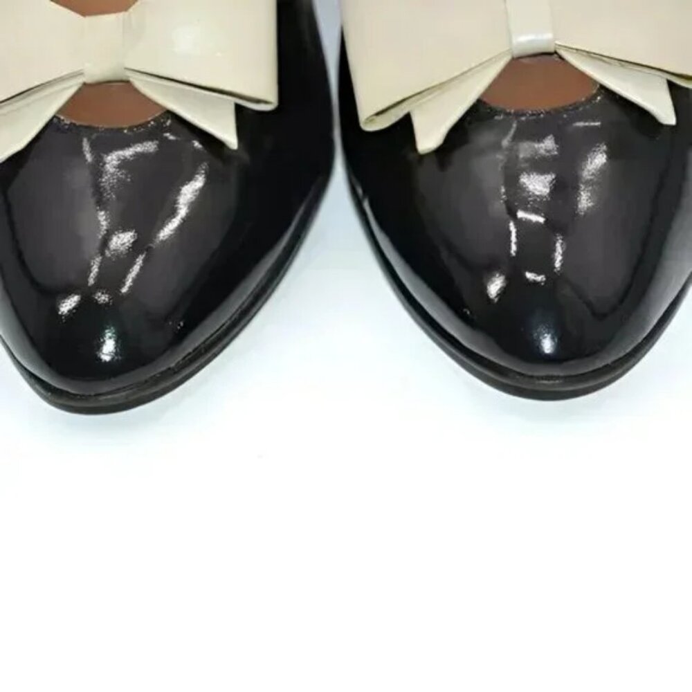 Palizzio Black Spanish Patent Leather Ivory Bow Minimalist Classic Pumps Heels 9 - Picture 10 of 13
